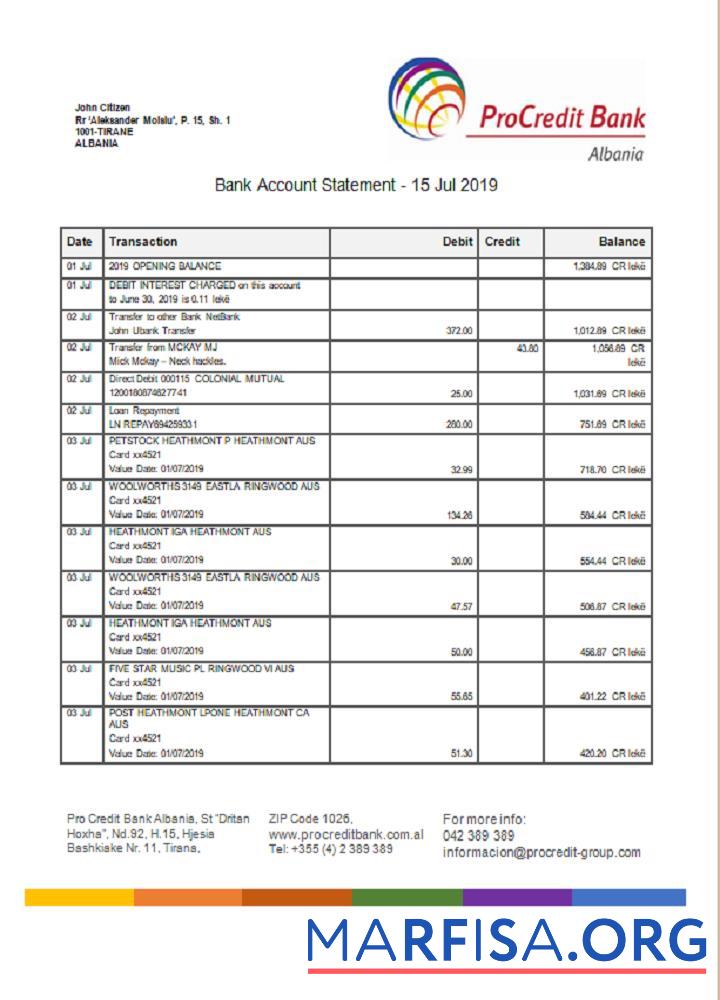 Realistic Albania Prokredit bank statement example